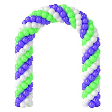 Витая арка из белых, синих и зеленых воздушных шаров